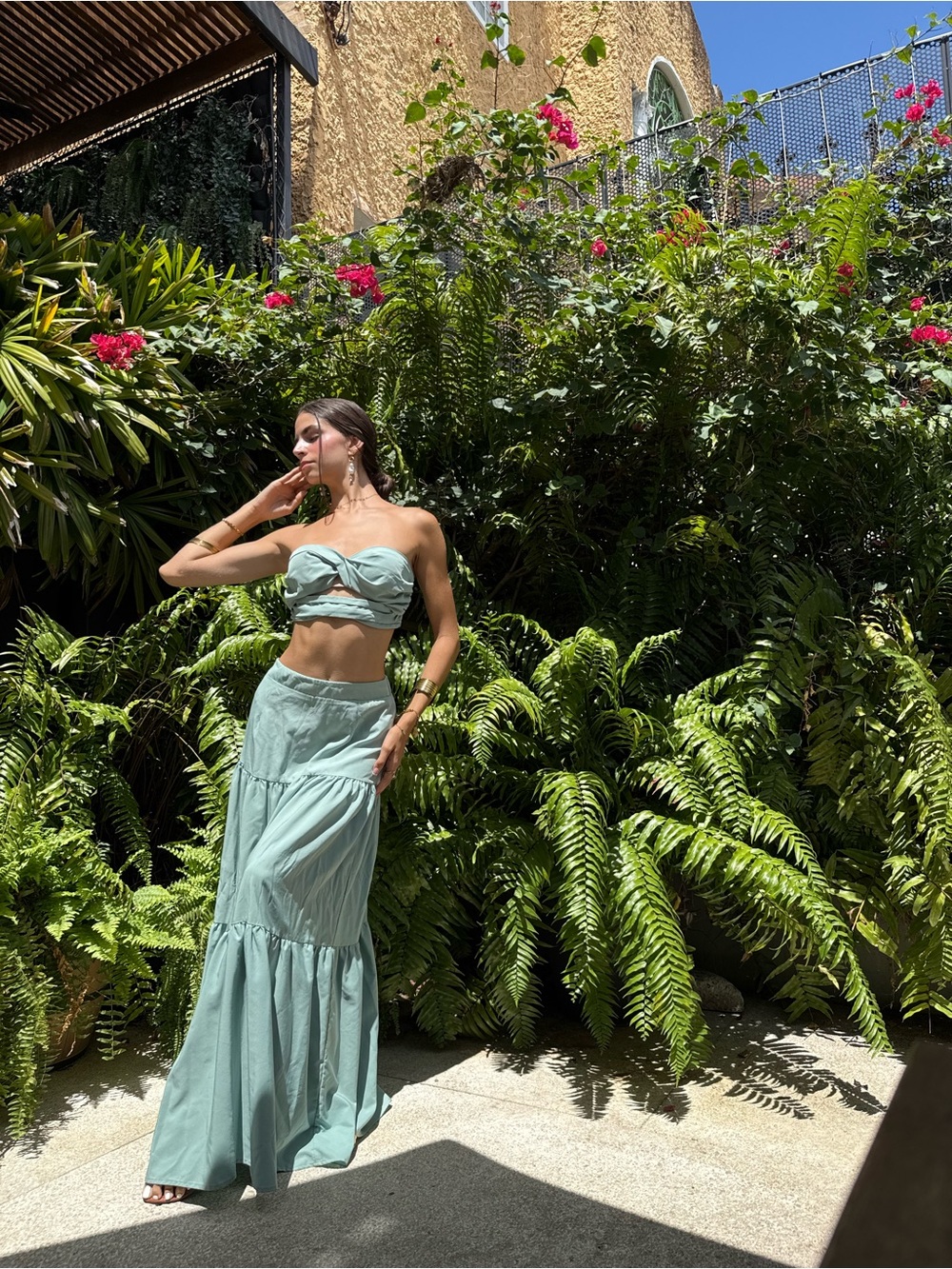 Light Sage Tiered Maxi Skirt + top strapless